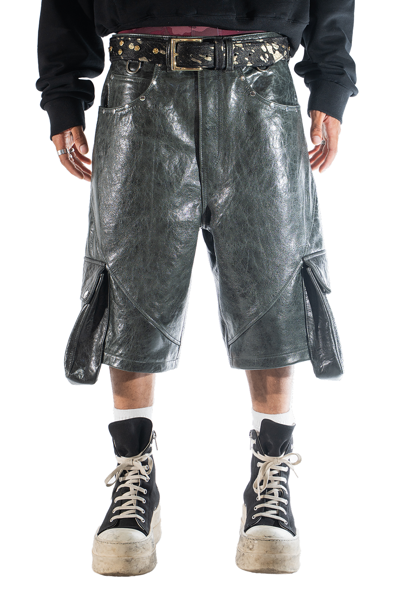 Charcoal Leather Cargo Shorts