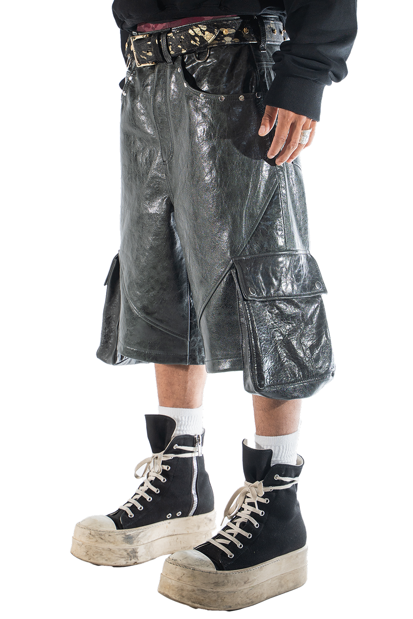 Charcoal Leather Cargo Shorts