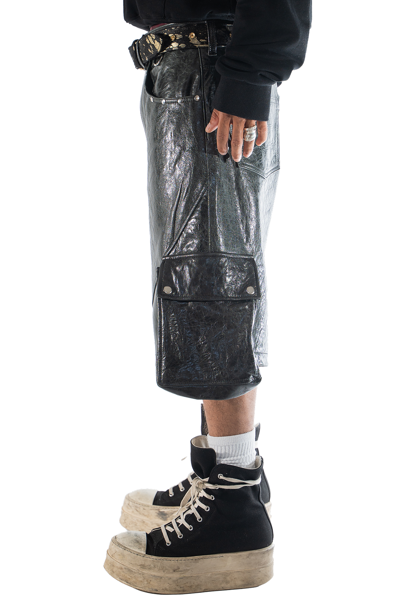 Charcoal Leather Cargo Shorts